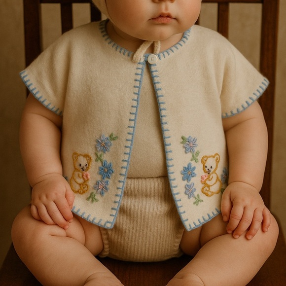 Vintage Hand-Embroidered Baby Sweater – White Blue & Teddy Bear 0-3 Mos - Picture 1 of 5